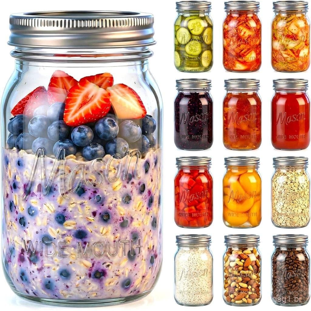 Conjunto de 12 Potes de Vidro para Armazenamento de Alimentos de 32 OZ com Tampas Herméticas Separáveis, Potes Mason de