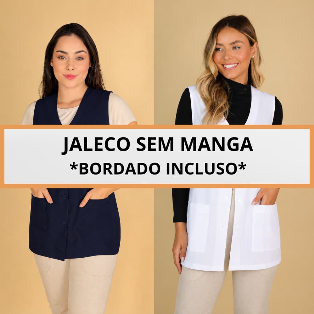 Jaleco avental sem manga cavada liso com bordado incluso enfermagem professora saude