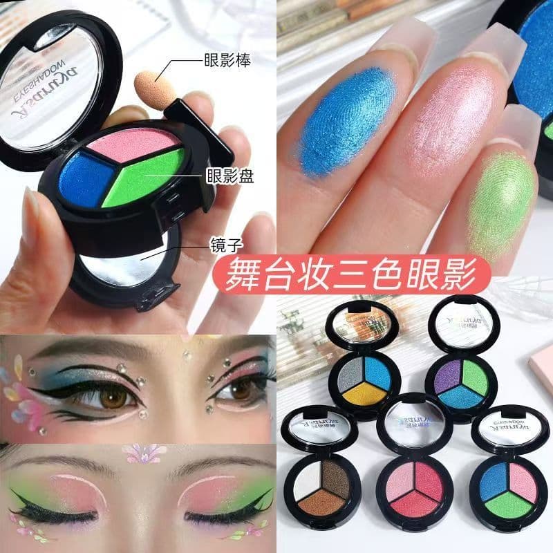 Paleta de sombras dedicadas para maquiagem de palco genuína Tricolor azul verde roxo desempenho cosméticos não tóxicos