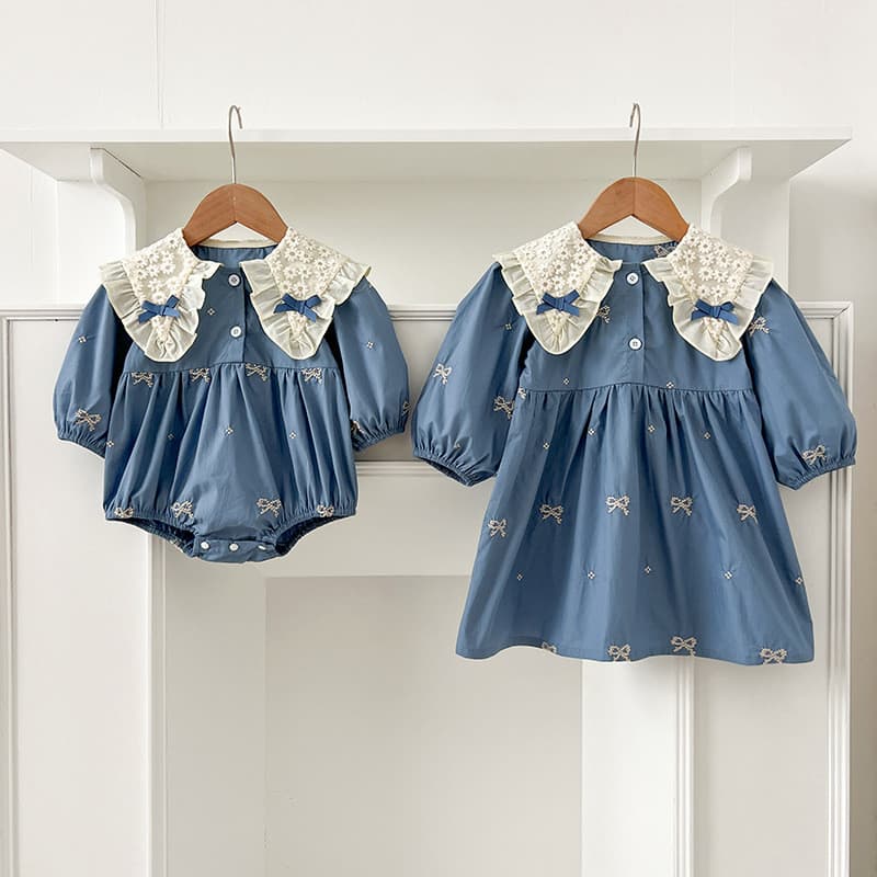 Feminino vestido de bebê versão coreana Bowknot bordado macacão de bebê primavera outono estilo manga comprida macacão c