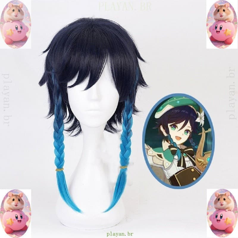 GUOJH Jogo Genshin Impacto Venti Gradiente Azul Cosplay Peruca Trançada Cabelo Sintético.