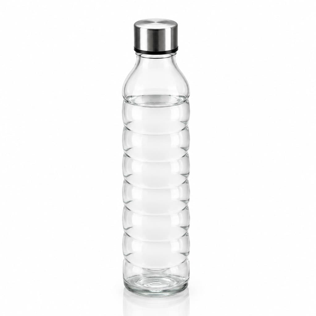 Garrafa de Vidro 750ml Tampa Inox Design Anéis Água Suco Geladeira Decoração Mesa Posta
