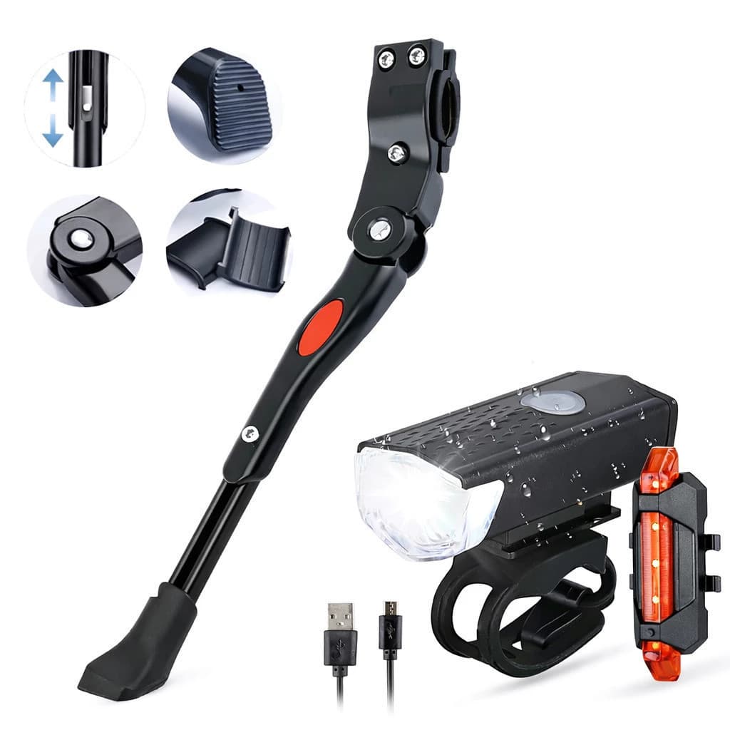 Kit Descanso Lateral Bike Alumínio Regulável Aro 20 a 29 + Farol LED 300 Lumens e Sinalizador - WJ