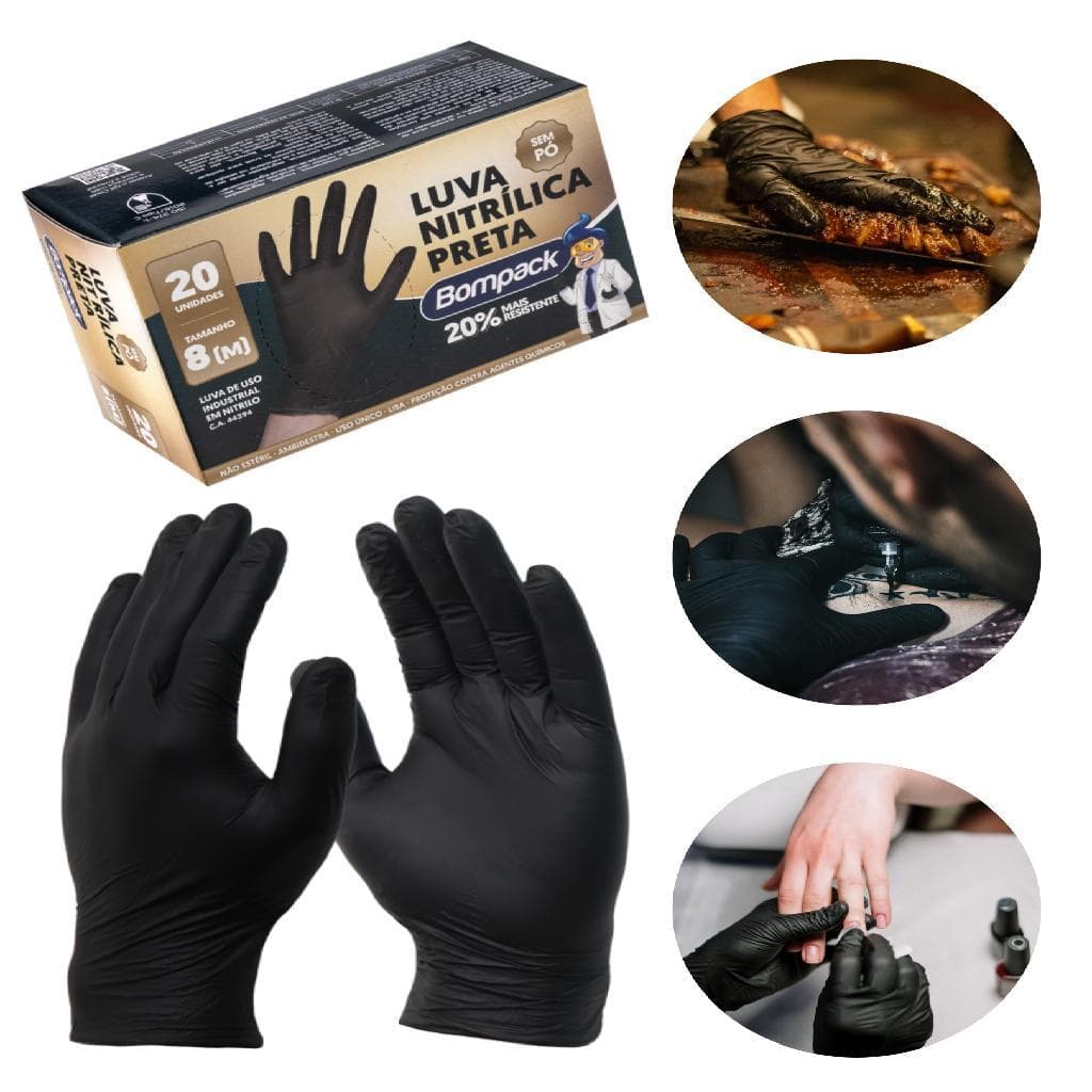 20 Luvas Nitrilica M Preta Sem Pó Descartável Resistente