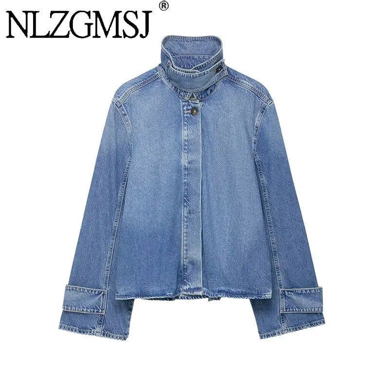 NZLGMSJ 2026 Nova Coleção Primavera Jaquetas Jeans Femininas de Moda Urbana Manga Longa Gola Alta Casacos Jeans Casuais