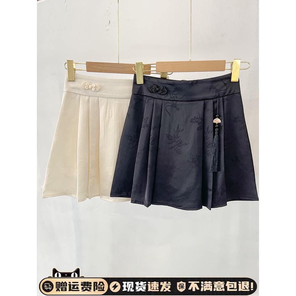 Preto Jacquard saia plissada feminina verão cintura alta 2024 nova franjas cavalo rosto a linha saia novo estilo chinês