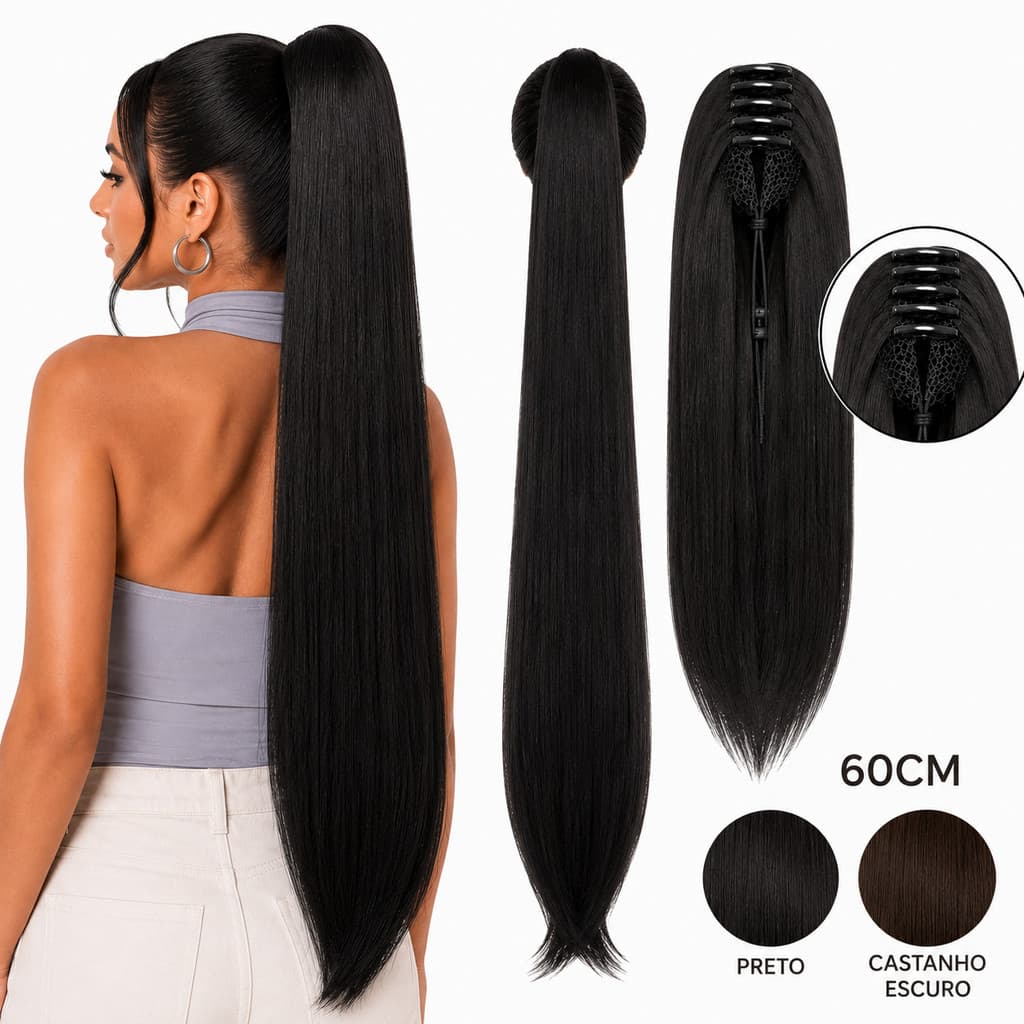 Rabo de Cavalo Orgânico Longo Liso Presilha Piranha Mega Hair