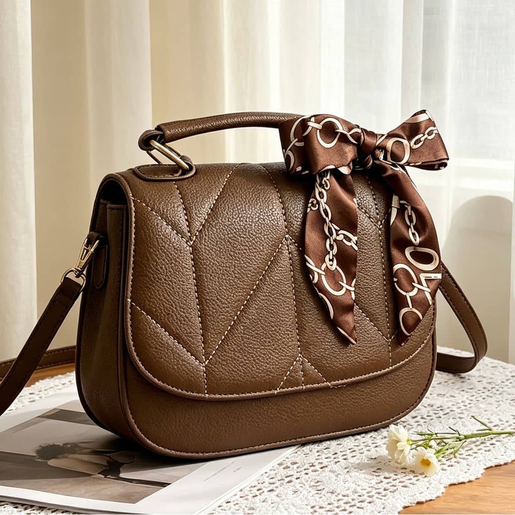 Bolsa de ombro feminina textura costurada alça regulável enfeite de lenço casual elegante