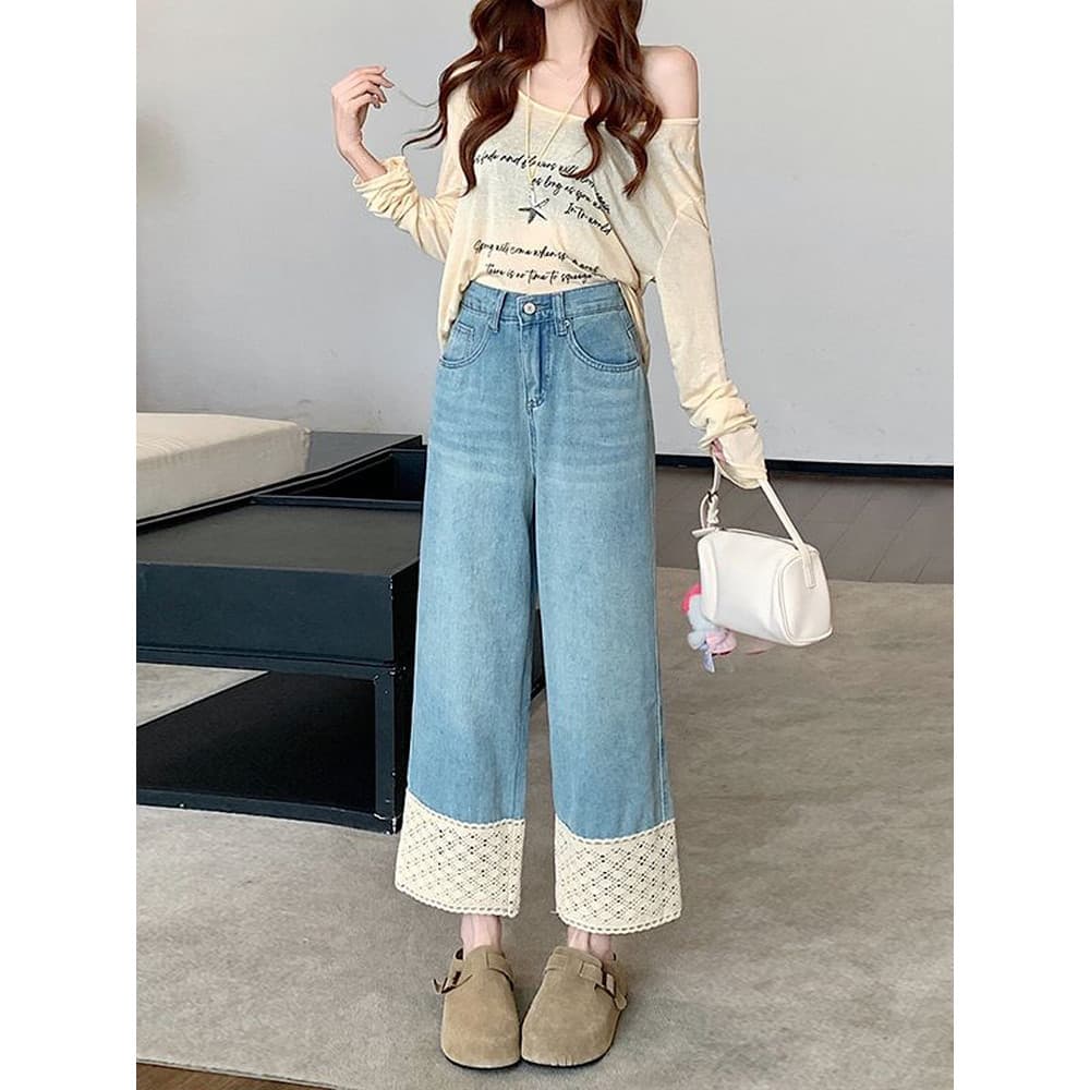 Calças jeans de perna larga perna reta feminina pequena 2026 primavera em forma de pêra ligeiramente gorda cintura alta