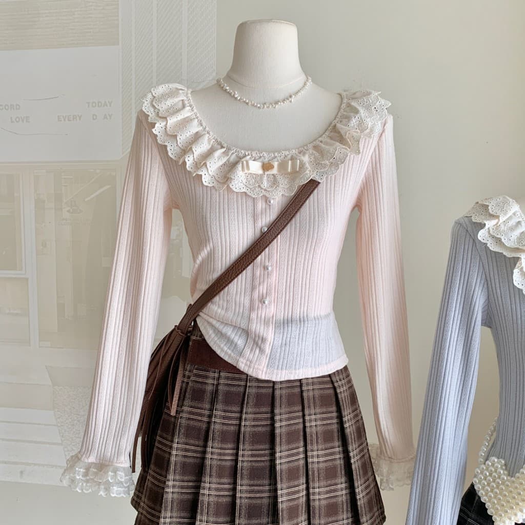 Tamanho grande menina francesa renda costura curta manga comprida camiseta feminina início do outono estilo fino magro-a