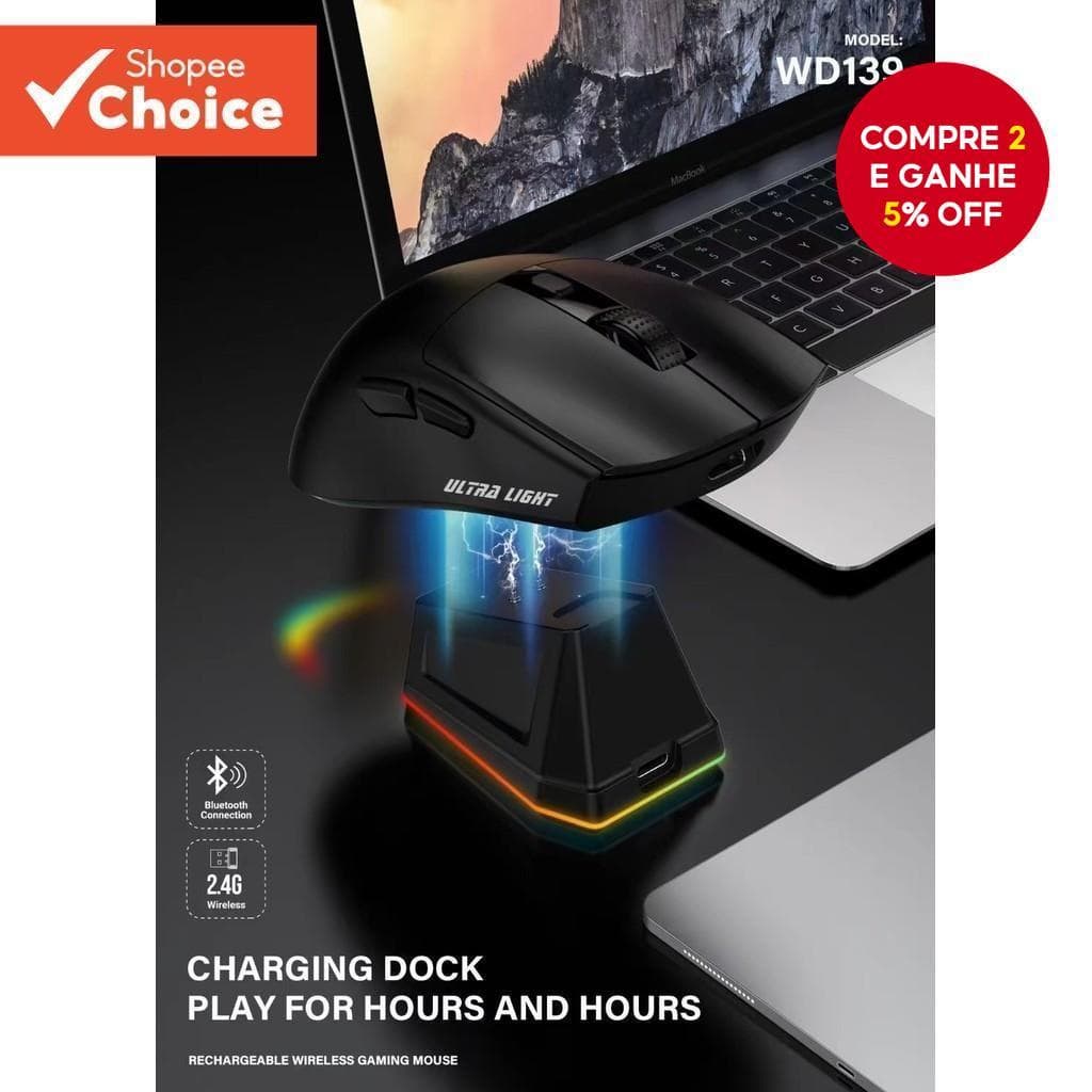Mouse Gamer Sem Fio WD139 Leve com Dock de Carregamento Magnético RGB, ideal para PC, Mac e Notebook.