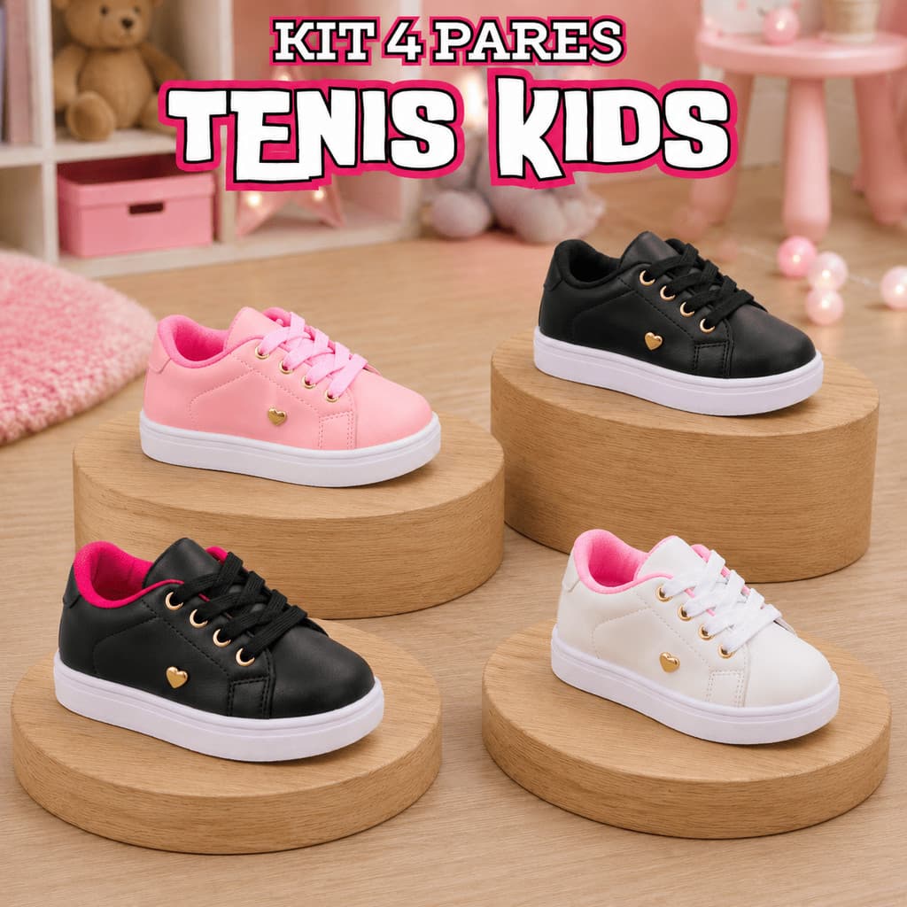 Combo  4 Pares de Tênis Infantil Kids Menina Com Coração Escolar Casual Calce Fácil
