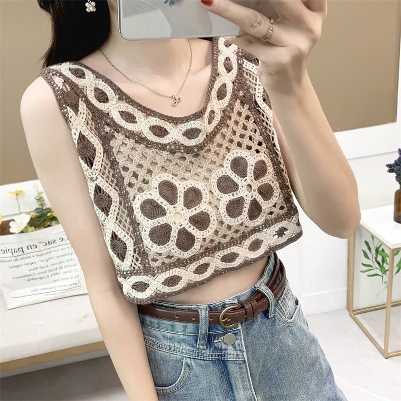 Retro cintura alta curto colete camisola 2025 novo estilo primavera verão Design nicho exterior Wear interior oco topo