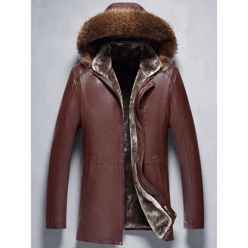 Jaqueta masculina de pele de comprimento médio com capuz, gola de pele de guaxinim, casaco de couro genuíno, lã masculin