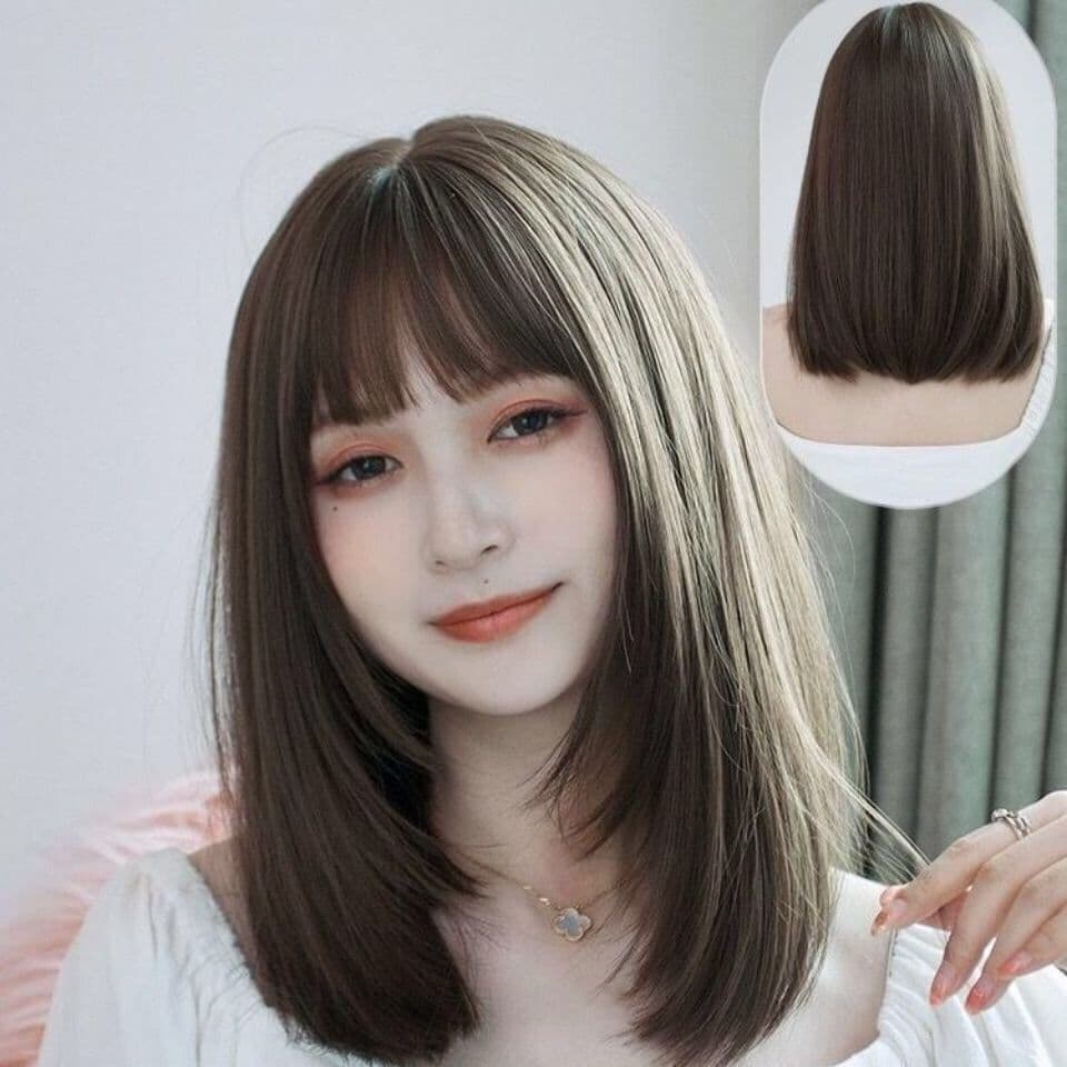 Peruca feminina clavícula curto cabelo reto médio longo cabelo cabeça cheia moda Natural estudante peruca rosto redondo