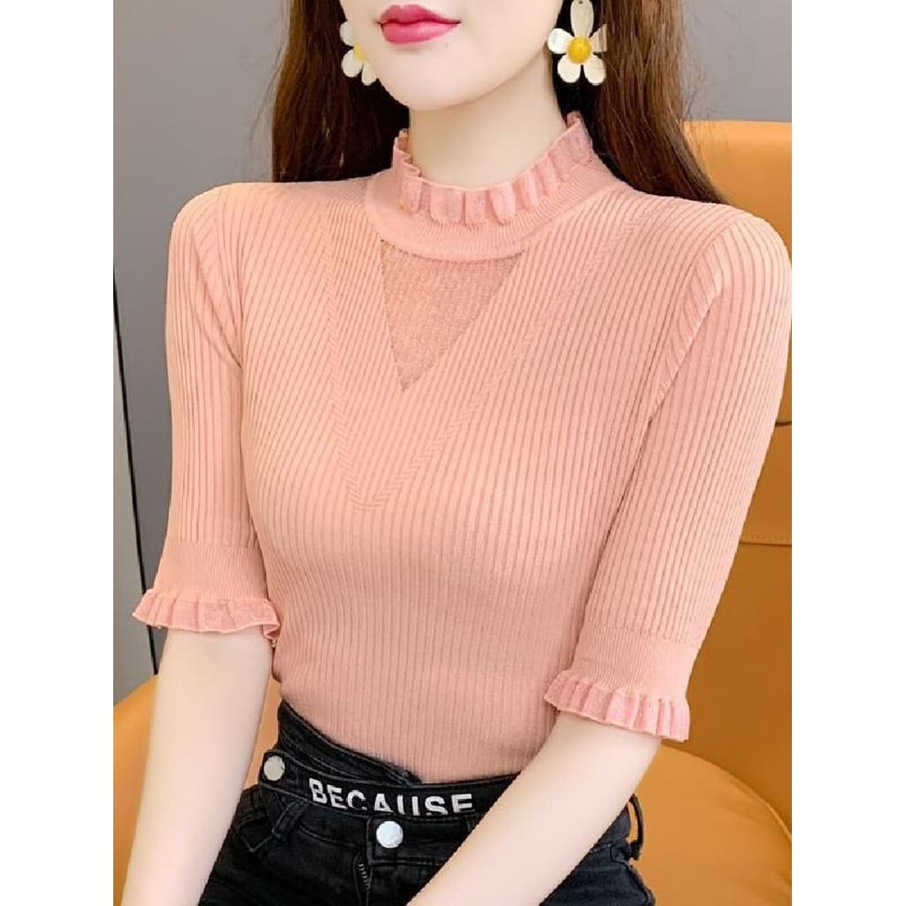 Moda manga média oco renda malha magro camisola feminina primavera High-End sentimento interior estiramento rosqueado ca