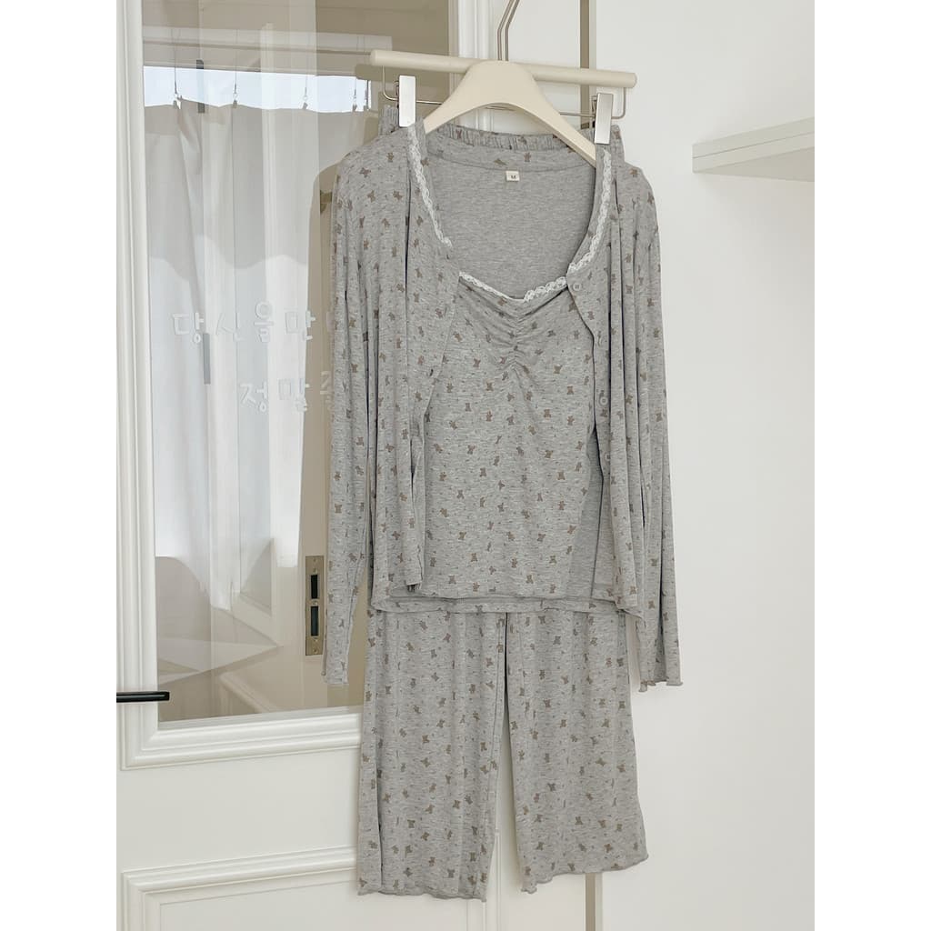 Urso Cinza Leite |Loungewear Modal de três peças vem com almofada no peito bonito estilo coreano estilo BM primavera out