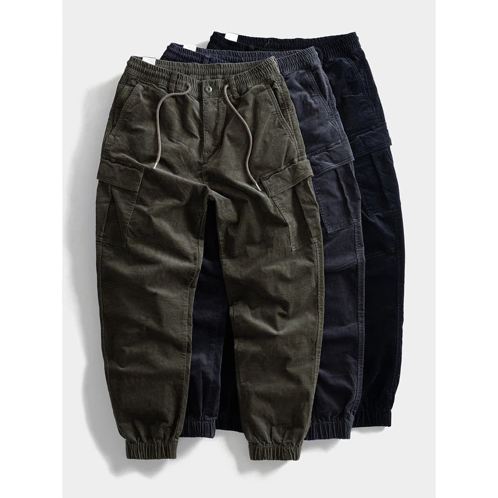 Macacão de veludo pesado calças com vários bolsos calças casuais americanas cintura elástica calças masculinas soltas
