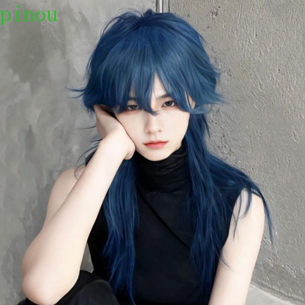 PINOU Peruca Longa Cosplay , Perucas De Cabeça De Tainha Fofa Resistente Ao Calor Com Franja Masculinas De Anime Azul Si