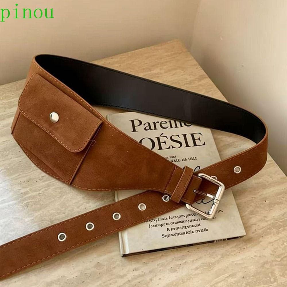 PINOU Bolsa De Cintura Feminina , Com Cinto PU Estilo Coreano , Mini Larga Decoração Retrô