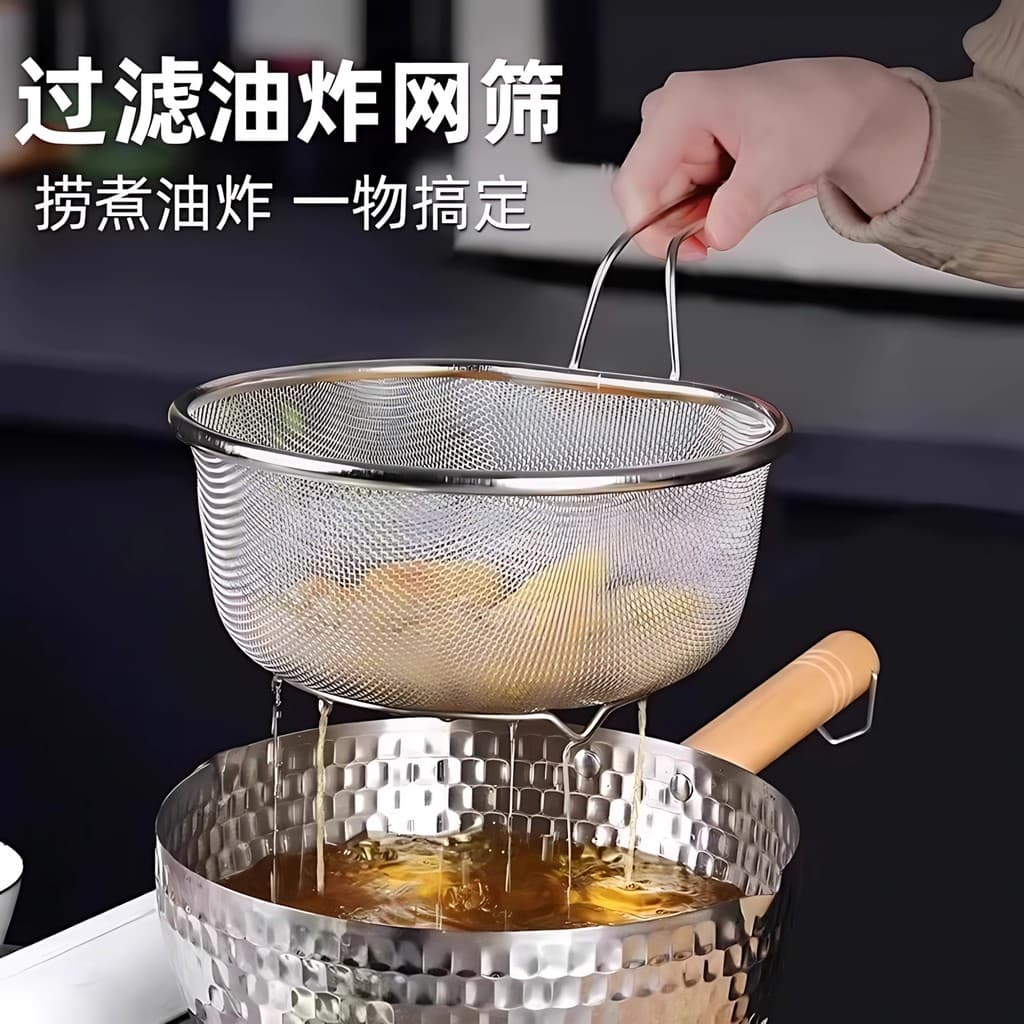 Coador de aço inoxidável Cesta de malha espessada Cozinha Pesca Macarrão cozido Panela quente frita Pote quente Dreno de
