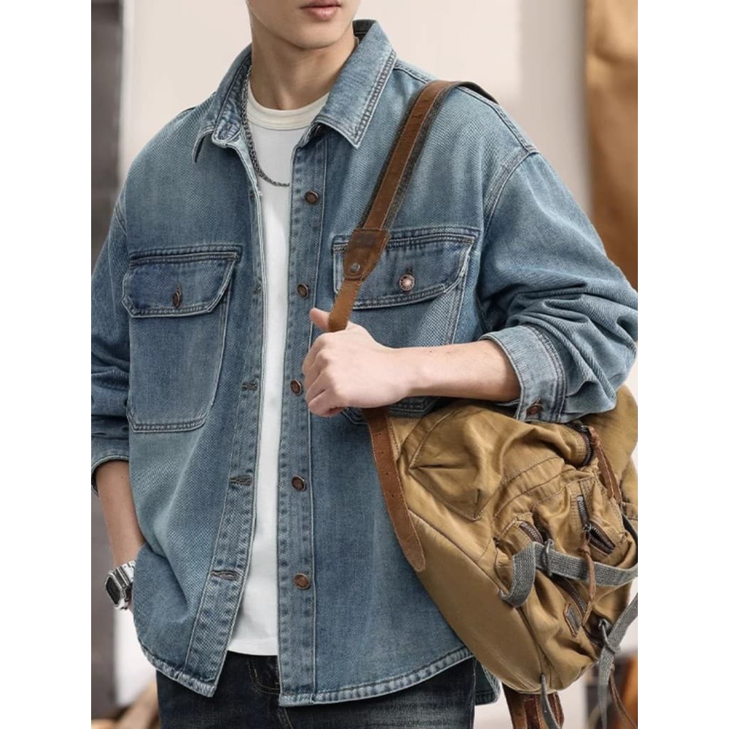 High-End lavado Retro Denim camisa masculina 2024 primavera outono novo estilo jaqueta Casual jaqueta masculina Street W