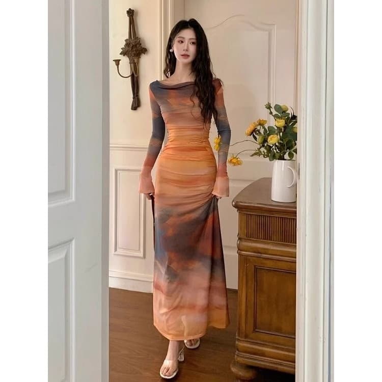 Pôr do sol Tie-Dye impresso Swing colarinho vestido feminino 2025 outono inverno novo estilo elegante fino ajuste estrei