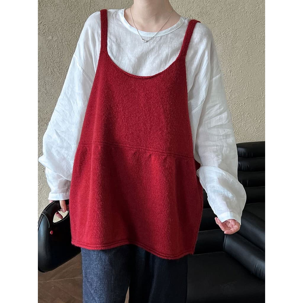 Grande vermelho sem mangas topo cortado mangas ombro picado uma versão em camadas camisola de malha feminina roupa inter