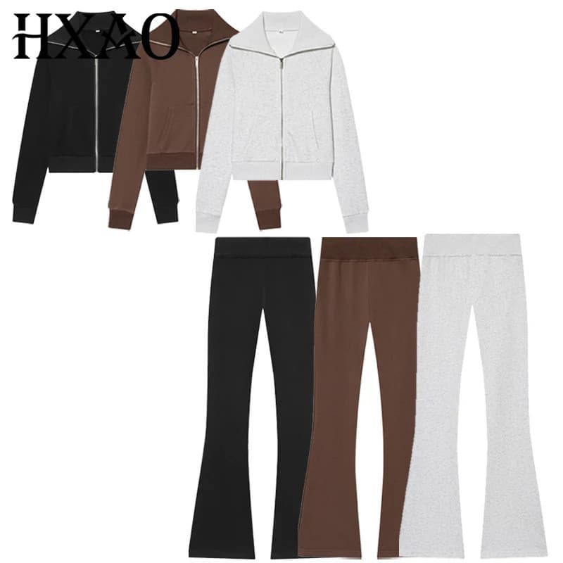 Conjunto de Calças Flare de Fleece HXAO para Mulheres, Conjunto de Duas Peças, Jaqueta Casual de Manga Longa com Zíper