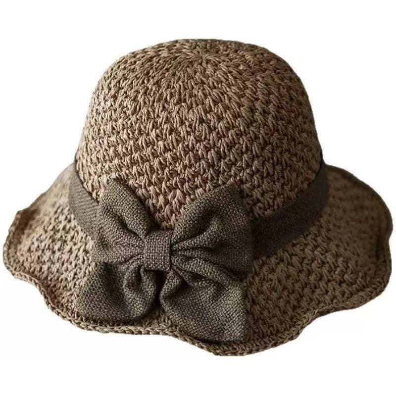 Chapéu De Sol De Palha Tecido Elegante Com Laço Verão Praia Chapéus Para Mulheres Aba Larga Empacotável Balde De Viagem