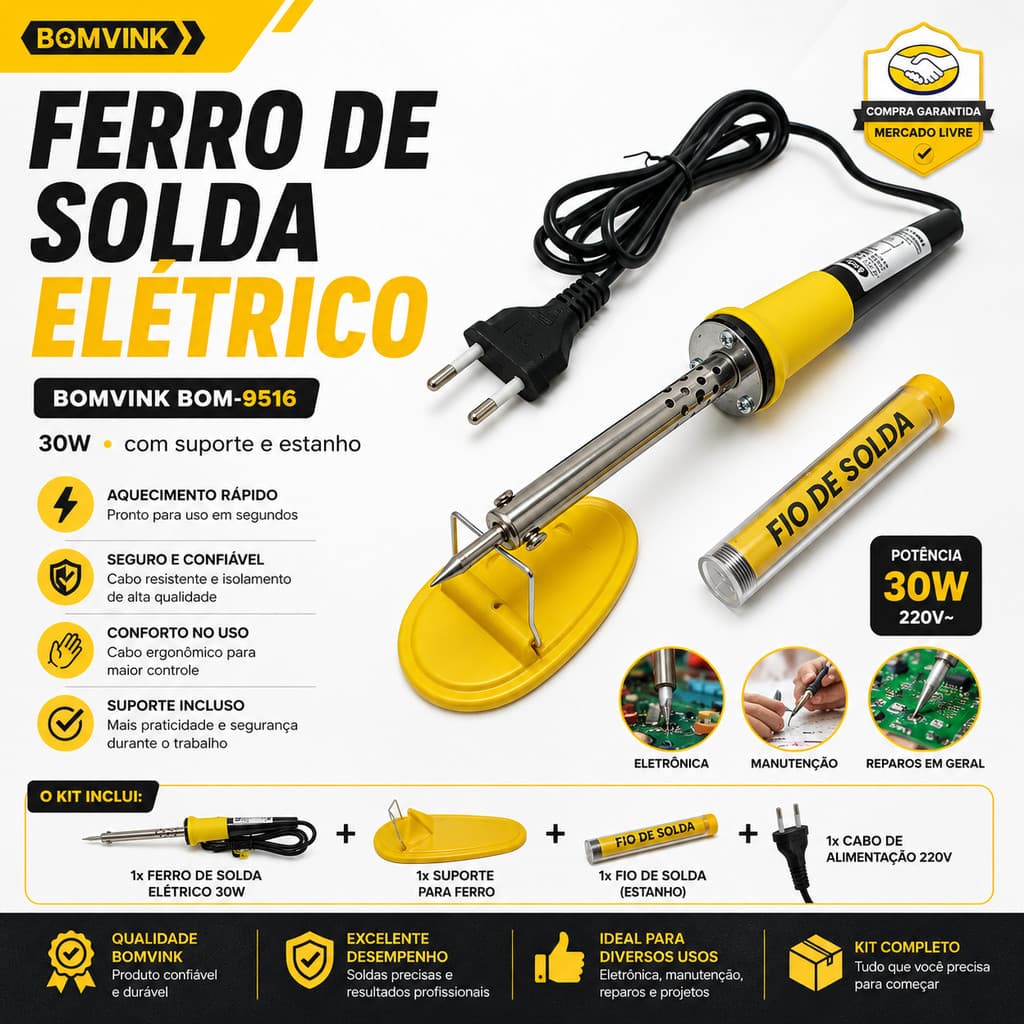 Ferro de Solda Elétrico 30W 127V 360°C com Suporte e Estanho BOMVINK BOM-9513