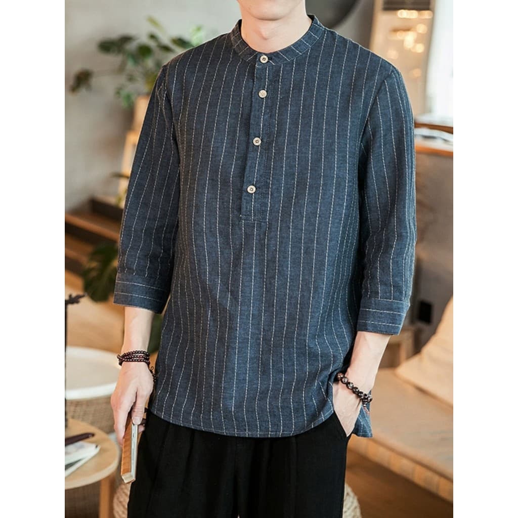 Camisa listrada de verão masculina solta gola alta manga média camiseta tamanho grande 7 pontos manga três quartos camis