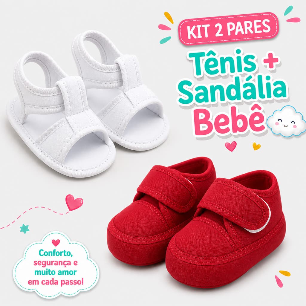 Kit 2 Pares Tênis e Sandália Bebê Infantil Tecido Molinho Branco Vermelho Maternidade Recém-Nascido