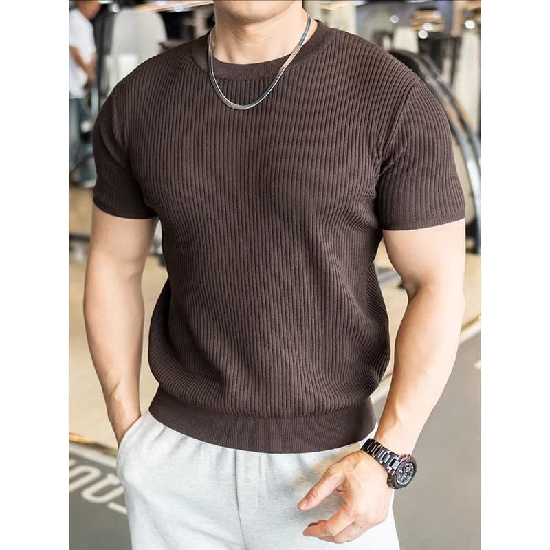 2026 novo estilo verão listrado malha de manga curta camiseta masculina Slim-Fit americano Stre