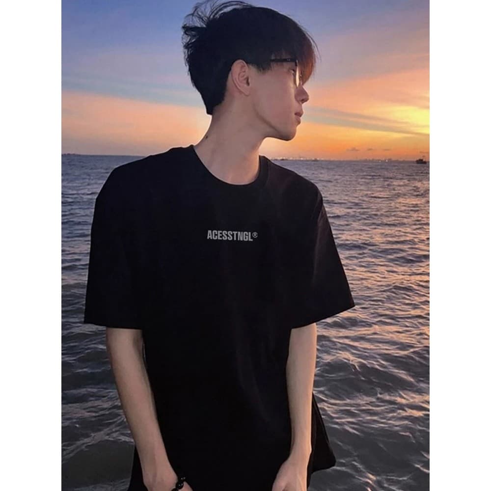Carta americana impressa em torno do pescoço camiseta masculina verão juventude algodão pesado de manga curta cleanfit f