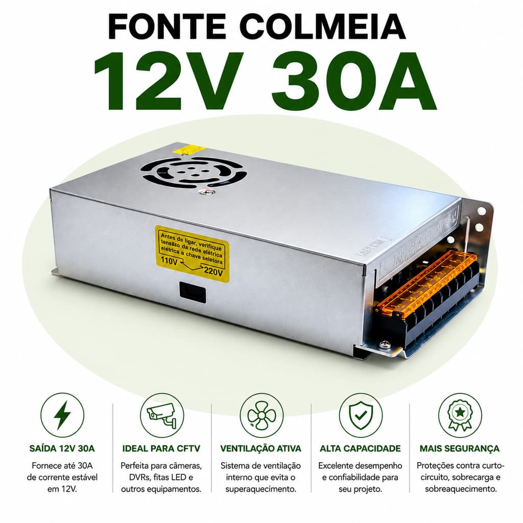 Fonte 12V 30A Colmeia P/ CFTV Bivolt