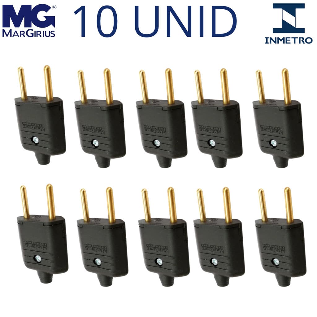 Kit 10 Plugues Macho Margirius 10A 2 Pinos Bivolt Certificado INMETRO Para Extensão Cabo Elétrico