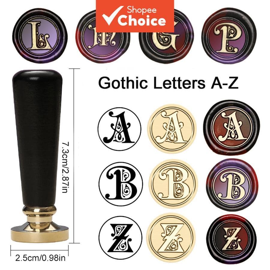 Série Gótica Carimbo Selo de Cera, Cabeça de Cobre com Cabo de Madeira Preto, Disponível em 26 Letras de A a Z, para