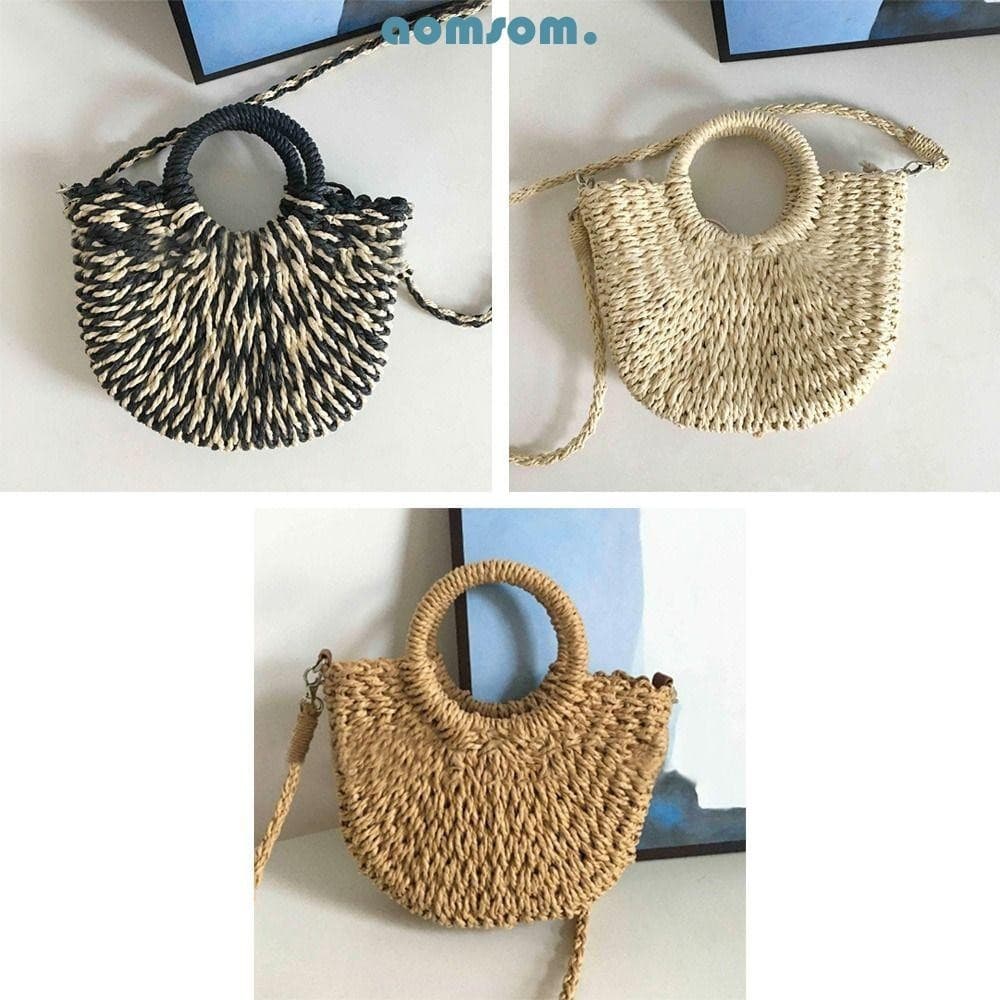 AOMSOM Bolsas Artesanais , Bolsa De Palha De Tecelagem De Praia De Grande Capacidade Em Forma De Lua Crossbody De Ombro