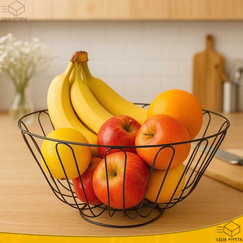 Fruteira Cesto de Metal Aramado Redondo 23cm Centro de Mesa Cozinha Tamanho Grande Resistente