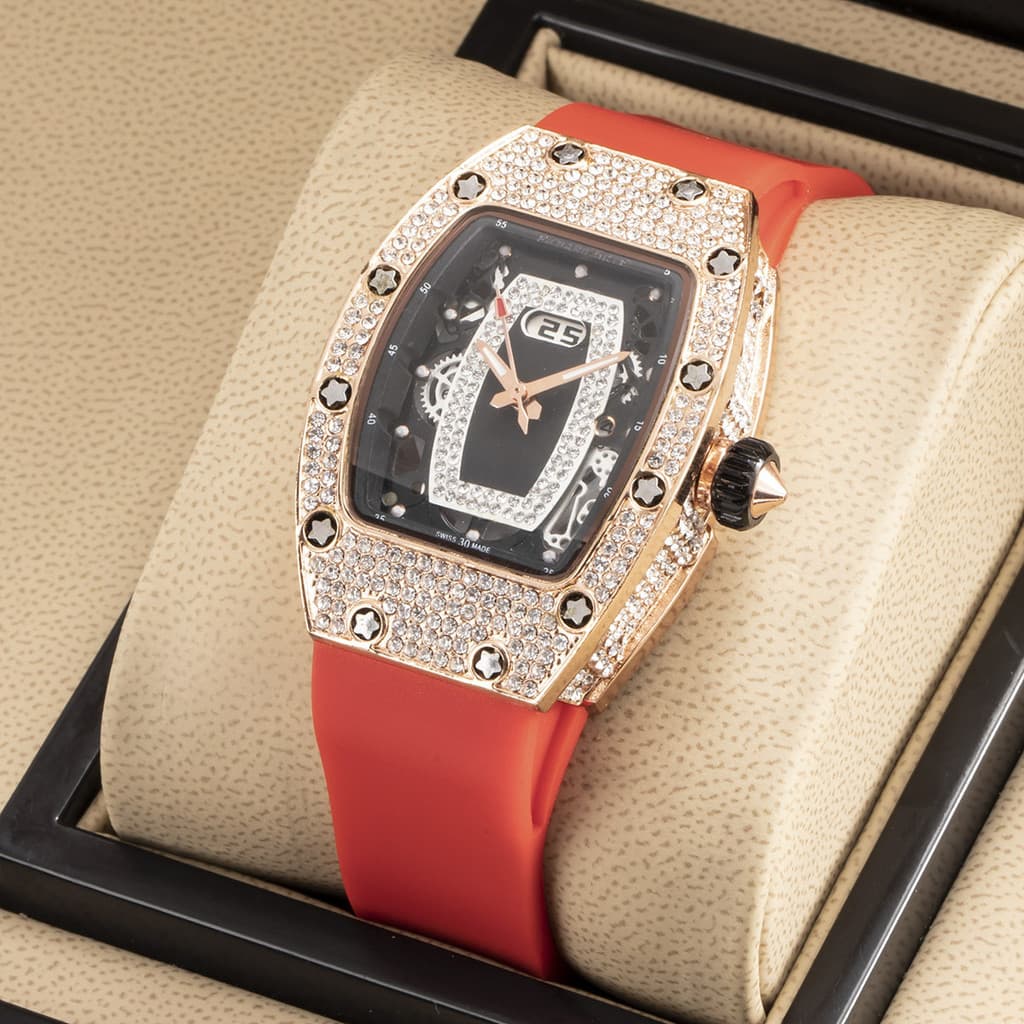 Preto lábio impressão vermelho lábio em forma de barril quadrado Relógio com strass feminino luxo cheio de diamante