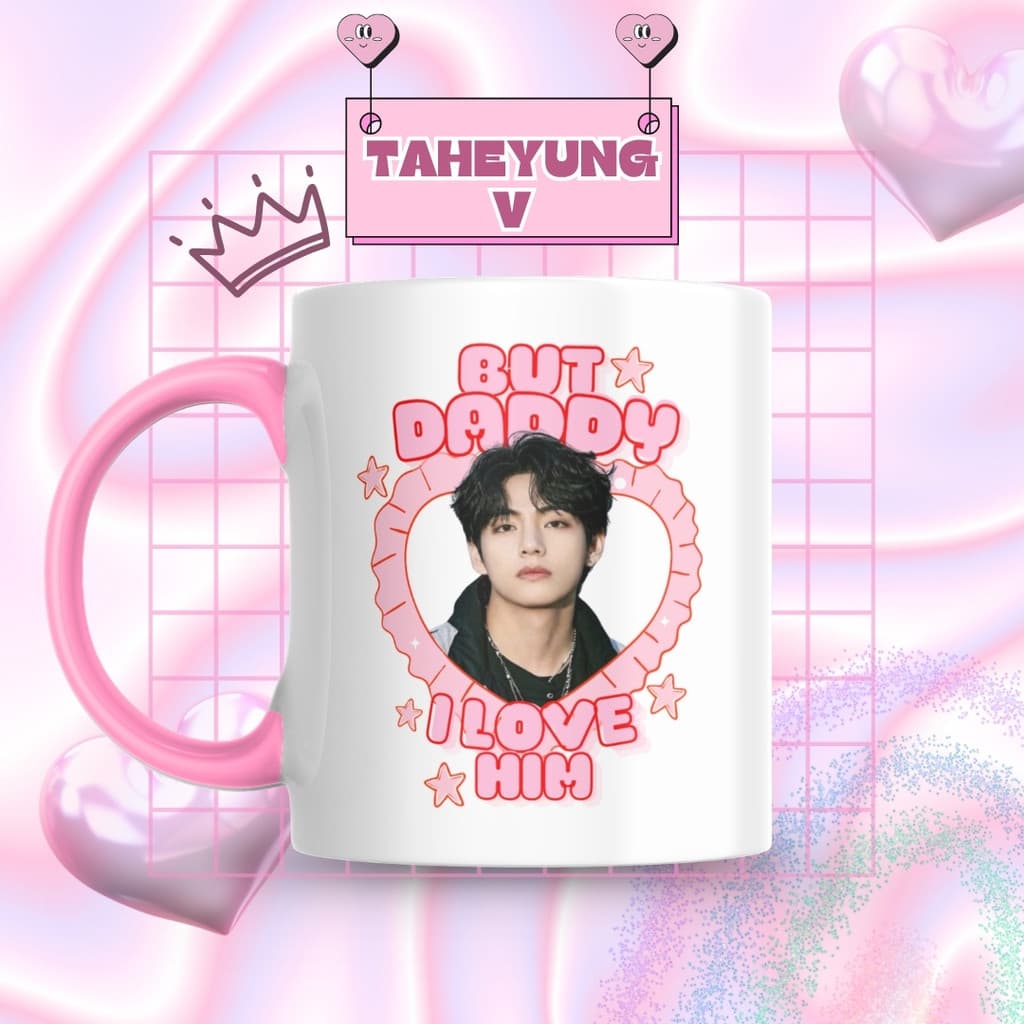 Caneca Xicara Porcelana 325ml But Daddy I Love Him Taehyung V BTS Personalizada Presente Decoração