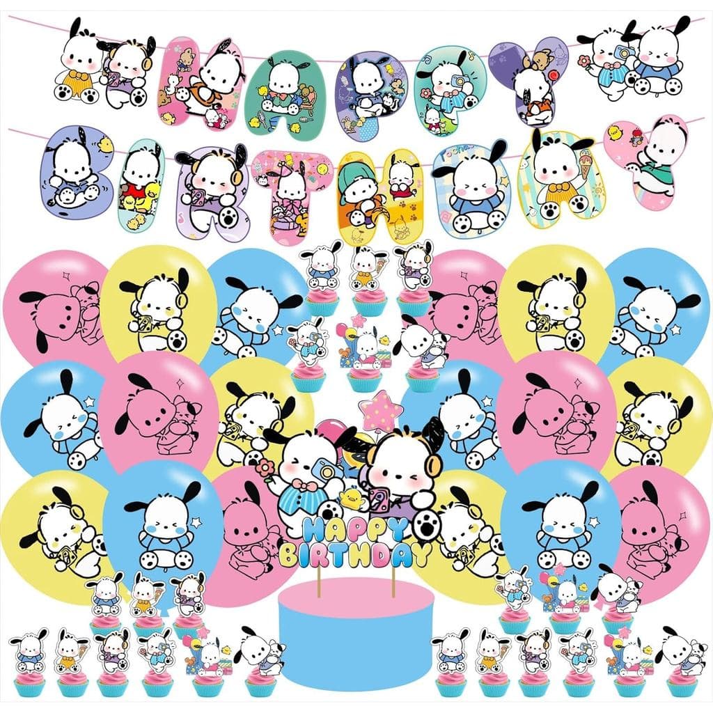 Decorações de Festa de Aniversário Pochaccoo, Artigos de Festa com Tema de Cão Kawaii com Faixa, Topos de Bolo Cupcake,