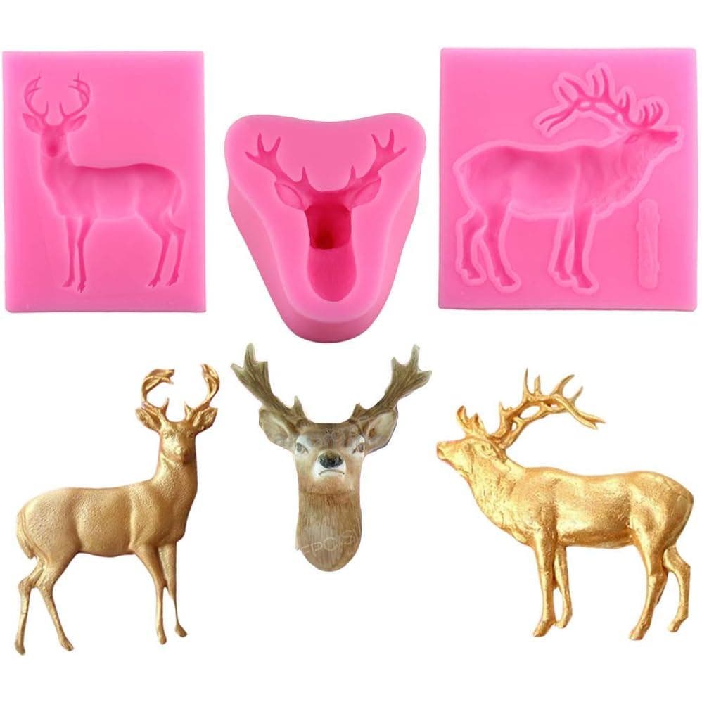 Conjunto de 3 Moldes de Silicone para Fondant, Chocolate e Pasta de Açúcar em Forma de Cabeça de Veado 3D para Decoração