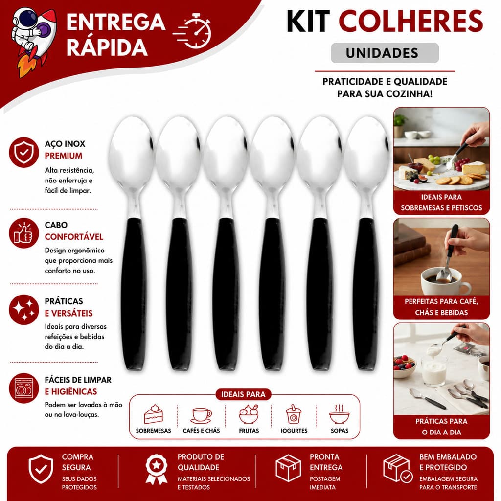 Kit 24 Colheres de Chá Café Inox Cabo Plástico