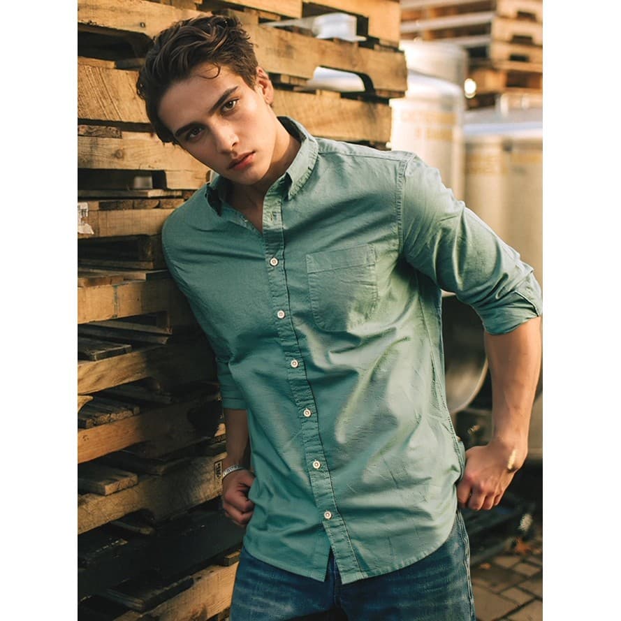 Estilo americano califórnia Retro algodão linho camisa masculina estilo fino respirável verde de manga comprida clássico