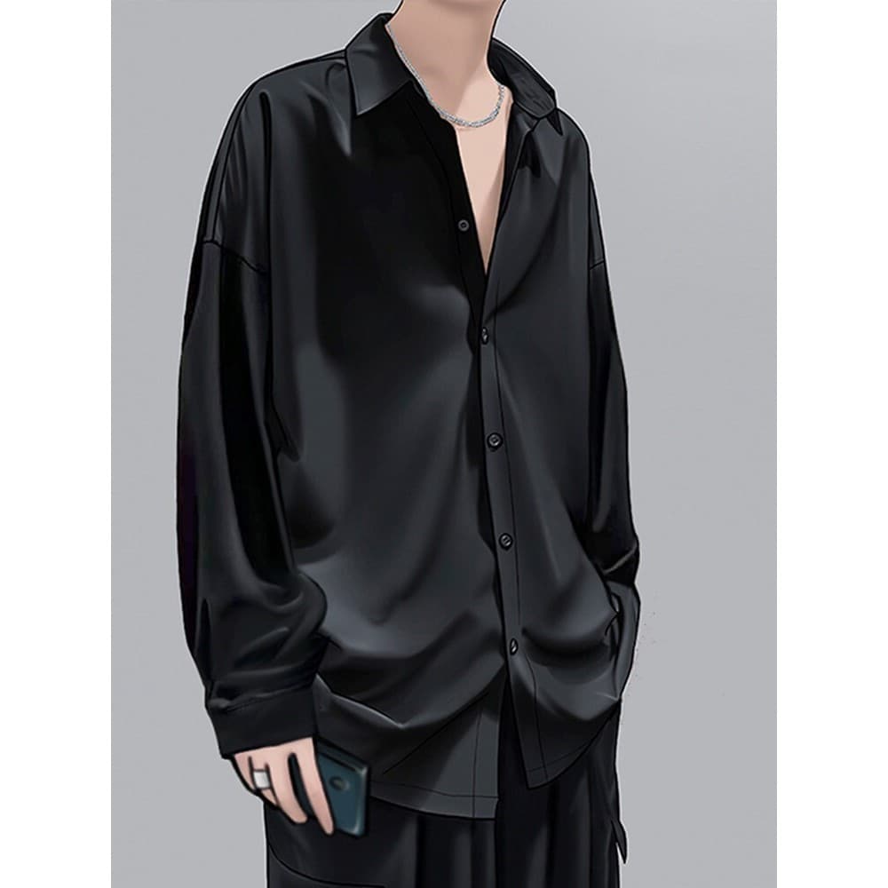 Camisa preta masculina de manga comprida primavera outono High-End drapeado bonito na moda Casual solto gelo seda Formal