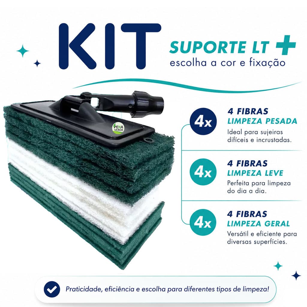 Kit Limpeza Completa 3 em 1 Suporte LT + Fibras Bucha Esponja Abrasiva Verde Limpeza Leve e Pesada