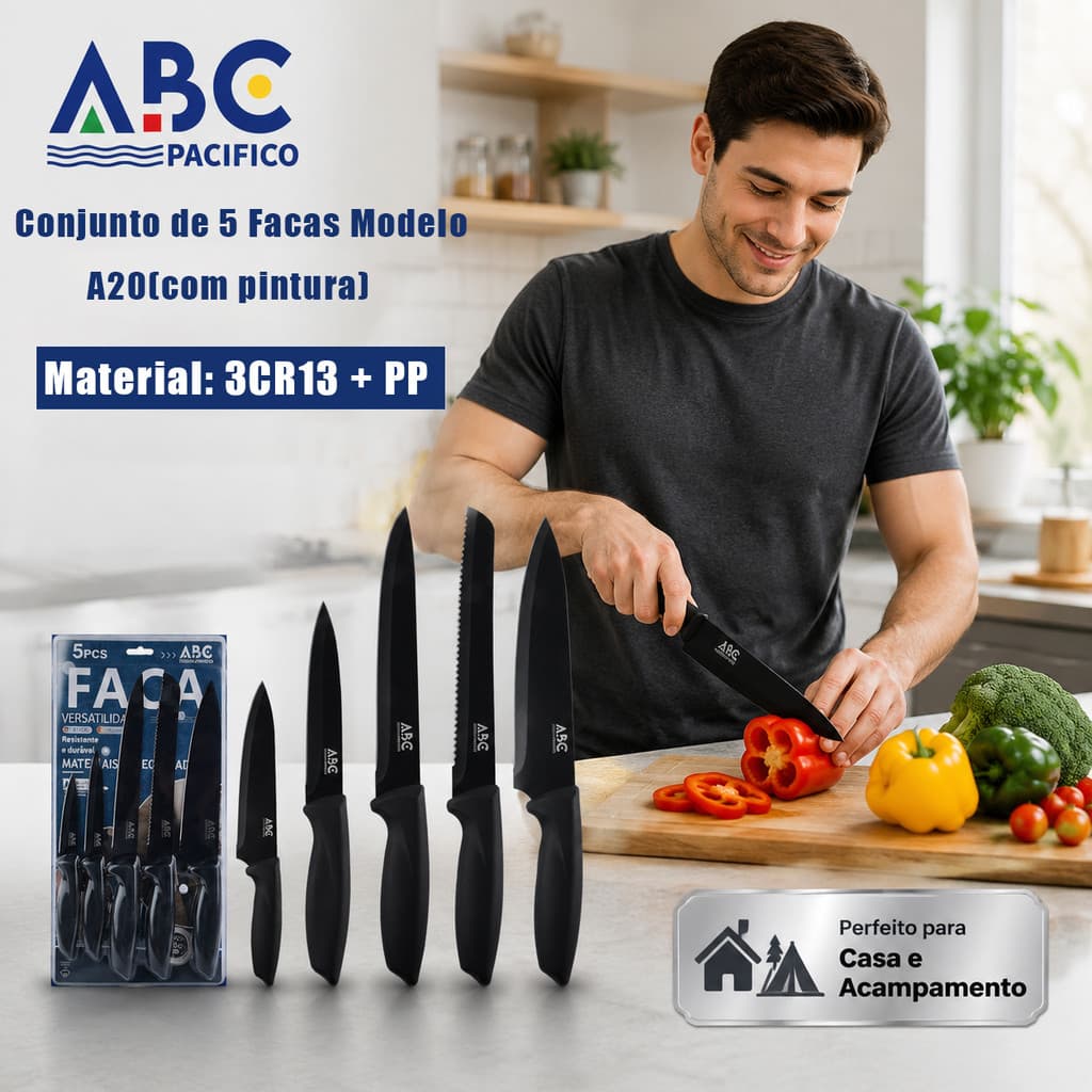 Kit Facas ABC Multiuso para Cozinha Doméstica, Faca Chef + Faca Serrilhada + Faca de Fruta