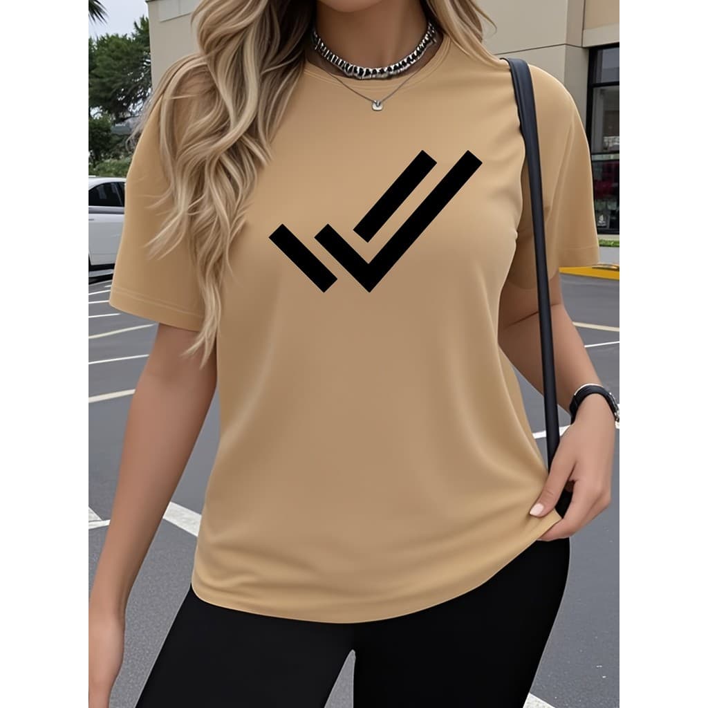 Camiseta Feminina de Manga Curta em Peça Única, com Design de Padrões Geométricos, Estampas Artística